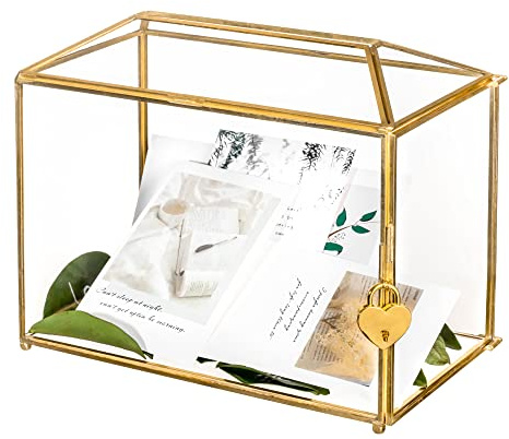 NCYP 26cm Kartenbox Hochzeit, Glass Card Box mit Schlitz und Herzschloss, Fuß, Gold, handgefertigt, Messing, für Hochzeitsempfang, Wishwell, Andenken-Herzstück (Glasbox und nur Schloss)