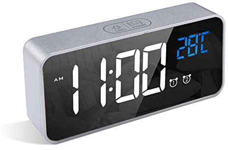 LATEC Digitaler Wecker mit Große LED Temperaturanzeige, Tischuhr mit 10 Musik, USB Ladeanschluss, 4 Helligkeit und Lautstärke Regelbar, Snooze, tragbarer Spiegelalarm mit 2 Alarmen, 12/24HR