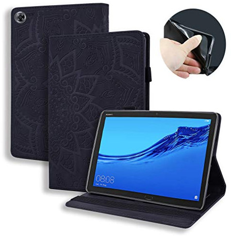 LMFULM® Hülle für Huawei Mediapad M5 Lite (8 Zoll) PU Lederhülle Smart Case Ständer Schutzhülle Flip Cover Prägung Mandala Schwarz