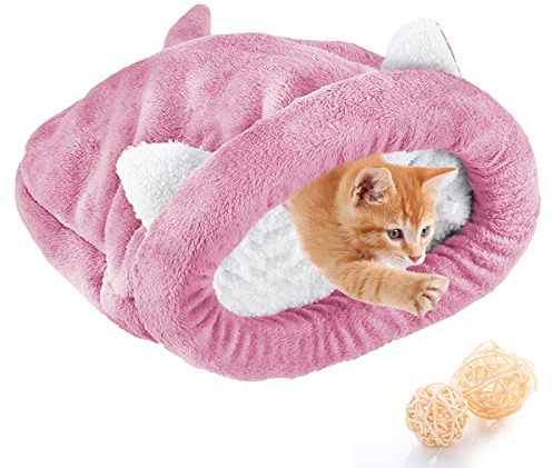 Felenny Katze Schlafsack Haustier Bett Katze Warm Gemütlich Bedeckt Selbsterwärmenden Kuschelsack Halb Überdachte Höhle für Katzen Welpen (M, Rosa)