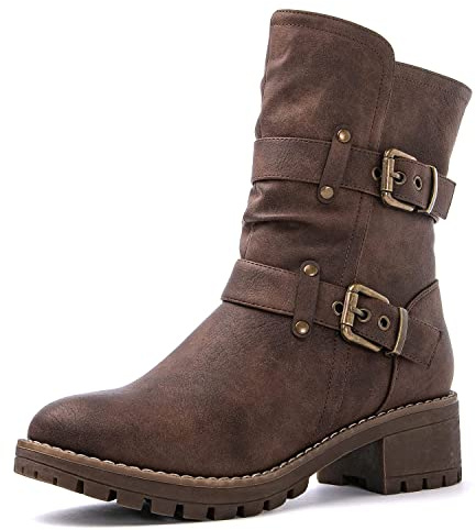 GLOBALWIN Fashion Ankle Boots For Women Brown Biker Boots Low Heel Motorcycle Boots Size 9M