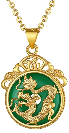 GoldChic Collier Dragon Femme Turquoise Jade Pendentif Rond Bouddhiste Vert Homme Religieux Chinois Médaille Porte Bonheur Amulette Protection Chaine Garcon 18 pouce 45cm
