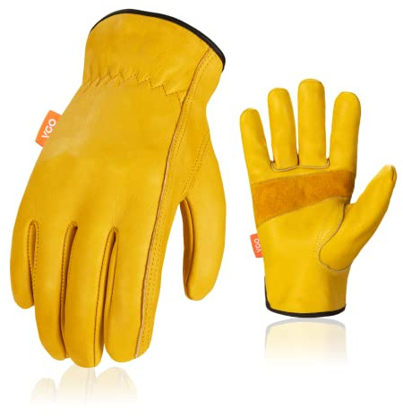 Vgo... Guantes de trabajo Piel de Vacuno Gruesa, Guantes Cuero Jardinería para Obra Almacén Entrega, Guantes Hombres&mujeres 1 par