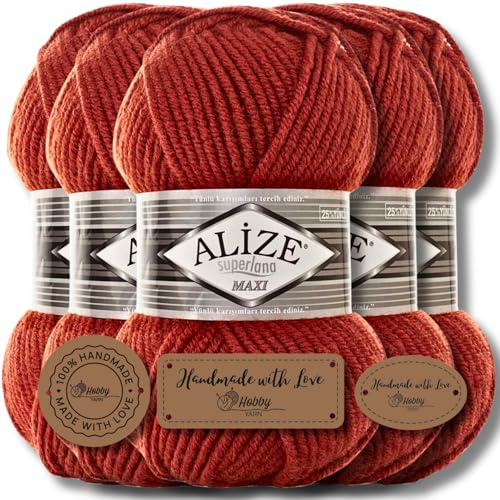 Alize 5 x 100g Superlana Maxi Türkische Premium Wolle Baumwolle und Acryl Uni Handstrickgarne, Yarn, Garn, Strickgarn, Einfarbig, Baby, zum Häkeln Stricken Kleidung Schals (Terra - 36)