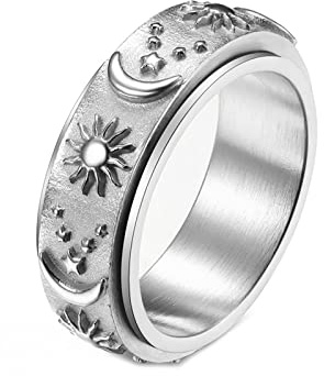 Mesnt Edelstahlringe Damen, Drehbarer Sonne-Mond-Stern-Fidget-Ring Silber/Gold/Schwarz Größe