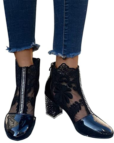 ORANDESIGNE Femmes Bottines Élégantes Épissage Fleurs Dentelle Fermeture Éclair Bottes D'été à Talons Épais Soirée Parties Chaussure Maille Respirant Bottines Grande Taille