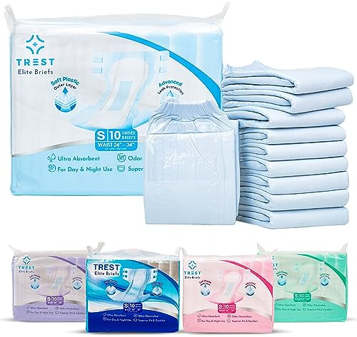 TREST Elite pour hommes et femmes, couches de nuit contre l'incontinence, absorbance exceptionnelle, confortable, neutralisant les odeurs et fixation sécurisée - Bleu, Petit format (Paquet de 10)