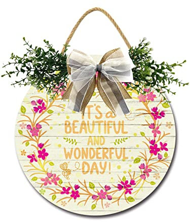 Geroclonup Wonderful Day Haustürschild lustige Kränze zum Aufhängen Holzschild Dekoration rund rustikales Holz Bauernhaus Veranda Dekor für Zuhause Haustür Dekor, 27,9 x 27,9 cm