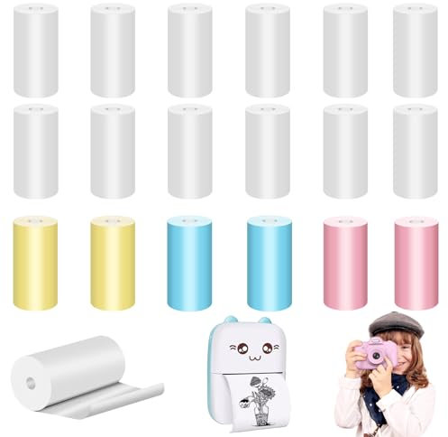 20 Rollos Papel Térmico para Pequeñas Impresoras de Fotos y Cámaras Infantiles, 14 Blanco y 6 Colores de Papel para Mini Impresoras, Papel Térmico para Cámaras Infantiles Instantáneas (57 x 25mm)