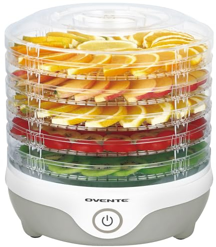 OVENTE DF215GY Déshydrateur alimentaire avec 5 bols transparents empilables et salle de séchage, conservateur électrique d'aliments 240 W pour collations, bœuf, fruits