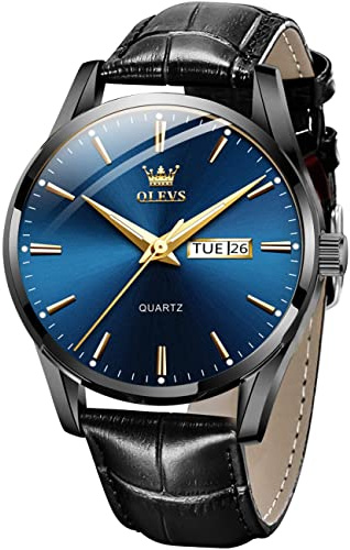 OLEVS Herrenuhren Blau Schwarz Lederarmband Quarz Uhr Männer mit Wochentag Datum Wasserdicht Leuchtende Klassische Elegantes Armbanduhr Geschenk