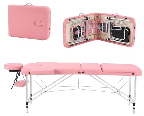 YOUNIKE Massageliege Mobile Klappbar 3 Zonen Höhenverstellbare Massagebank Aluminium mit Kopfstütze & Armlehnen und Tragtasche Massagetisch für Kosmetik Spa Salon Tattoo (Rosa)
