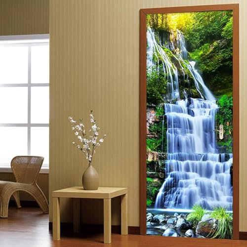 Türtapete Selbstklebend Türposter 3D Wasserfall-Flusslandschaft 95 X 210 Cm Türaufkleber Fototapete 3D Effekt Türfolie Wandtattoo Wandbild - Diy Wohnzimmer Schlafzimmer Büro Wohnkultur Dekorat 0