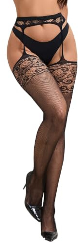 ohyeahlady Women's Suspender Tights Sexy Lace Crotch Open Stockings XS-5XL | Plus Size, Floral, Lace, Stretch, Fishnet, Thigh Highs, Garter Pantyhose