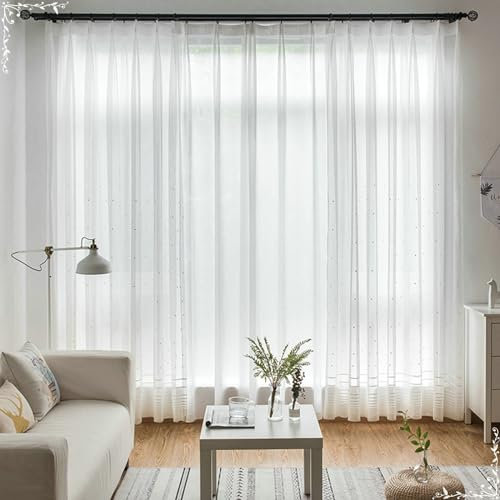 BCughia Vorhang Lichtdurchlässig, Vorhänge Punkte Gestickt Vorhang Fenster Schlafzimmer 2er Set H 160 x B 137 cm, Weiß