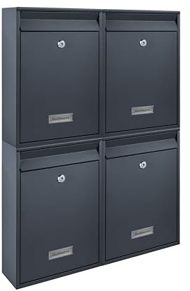 Zedelmaier 4er Briefkastenanlage mit Namensschildern nach Wunsch, Anthrazit | Robuste 4er Wandbriefkastenanlage 26x35x8,5cm mit Wunsch-Namensschildern, DIN C4, 4 Schlüssel – Mehrfamilienhäuser