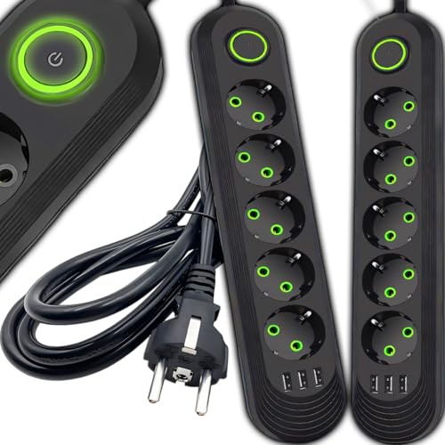 Retoo grenuttag med 3 USB, 5-vägs grenuttag med strömbrytare och 5 m kabel, flera uttag överspänningsskydd 2 500 W/10 A, nät- och vinkelkontakter, för smartphones, bärbar dator, hem, kök
