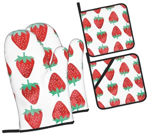 Guanti Da Forno E Presine Da Cucina Set, Strawberries Guanti Da Cucina Professionale Guanti Da Forno Antiscivolo Guanti Da Forno Per Cucina Natale Grigliate