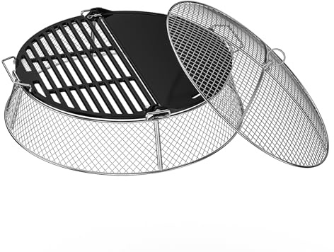 Onlyfire eldstad i rostfritt stål gnistskydd med gjutjärn grillplatta för Solo Stove Bonfire 49,5 cm eldskål, gnistluva, runt eldstadsnät för utomhusbruk, bakgård