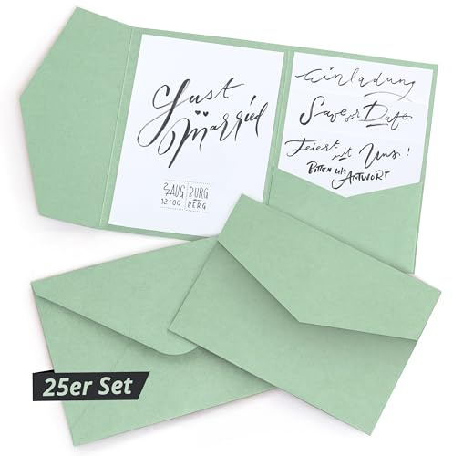 Japun - Pocketfold, Tarjetas de papel kraft en blanco plegables de bolsillo que incluyen sobres (DIN B6), boda, invitación - verde - 25 piezas