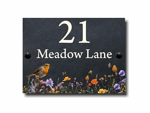 Personalised Wildflowers & Robin Beautiful Slate House Sign Door Number- House Name – Weatherproof Plaque with Custom Name – 10mm Premium Quality Slate (Grey Black, 23cm x 17cm)