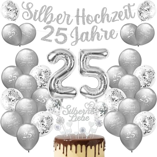 Silberhochzeit Deko,25 Jahre Silberhochzeits luftballons set,25. Luftballon | 25. Silberhochzeit Luftballons,Silberne Hochzeitsbanner,Tortendeko Silberhochzeits,für Silbernes Hochzeit Feier Jubiläum Deko