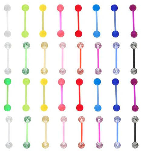 YUEWEESER Tongue Rings Plastic Clear 32Pcs 14G Acrylic Glow in Dark Flexible Straight Barbells Nipple Piercing Jewelry for Women Men Tongue Nippie Piercings 16mm