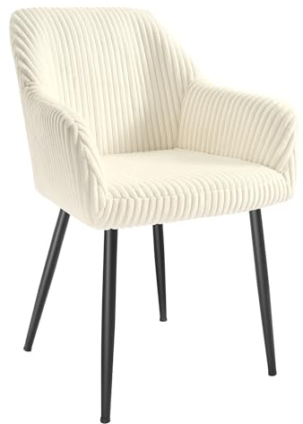 SONGMICS Sedia da Pranzo Imbottita, Sedia da Cucina, Poltrona in Velluto a Coste, Braccioli, Regge 120 kg, Gambe in Metallo, Sala da Pranzo Cucina, Bianco Crema e Nero Opaco LDC087WD01