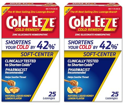 Cold-Eeze Soft-Center Lozenges, Natural Liquid Honey Lemon Flavor, Reduces Duration of The Common Cold, Relieves Sore Throat, Cough, Nasal Congestion & Post Nasal Drip, 25 Count, Pack of 2