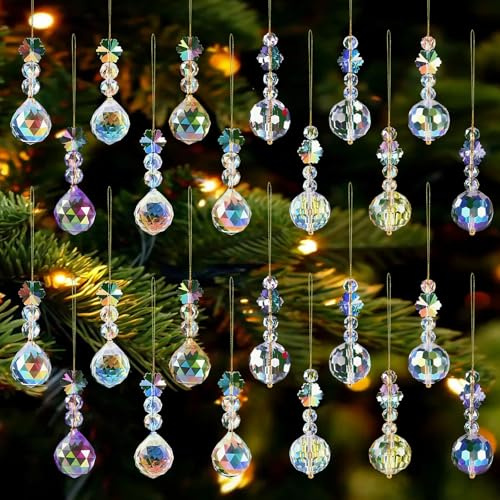 24pcs 22mm Christmas Tree Crystal Balls Ornaments,Rainbow Suncatcher,Christmas Prism Crystal Glass Balls,xmas Tree Decorations