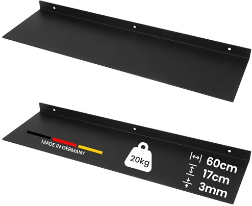 FIFITARA Wandregal Stahl 60 cm 2er Set – Metallregal schwarz matt – Regal Wand 3 mm Dicke – Bücherregal – Küchenregal hängend – Schweberegal inkl. Dübel, Schrauben