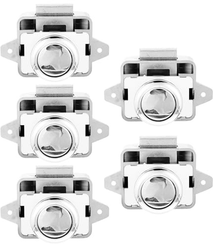 KOMBIUDA 5 Piezas Cerradura Puerta Botón Pulsador para Armario y Muebles Pestillo para Puertas Bloqueo sin Llave para Autocaravanas Caravanas y Barcos Cromado