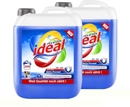 Ideal Flüssigwaschmittel Color Gel Konzentrat, 2 x 10 Liter, Premium Vollwaschmittel mit Aktiv-Formel, für Bunte, Helle und Dunkle Wäsche, mit Frischeduft