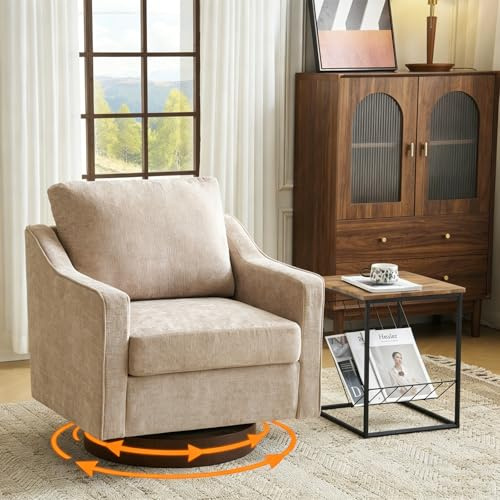 Bonnlo Swivel Armchair, Mid-Century Modern Comfy Accent Chair, 360°Upholstered Thick Cushion Small Tub Chair, Comfortable Lounge Chair with Track Arms Perfect for Bedroom, Apartment, Office, Khaki