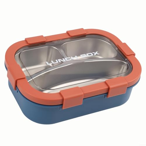 Lonchera de acero inoxidable con 3 compartimentos, contenedor a prueba de fugas con tapas seguras para adultos y niños, apto para lavavajillas, almacenamiento de alimentos de metal para la escuela, el