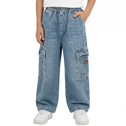 Tokeya Jeans Baggy Ragazzo Bambino Pantaloni Cargo Denim con Tasche Multiple Vita Elasticizzata Gamba Dritta Loose Fit Stretch Jeans Cargo Casual Moda Vintage Streetwear per Bambini 12-13 Anni, Blu