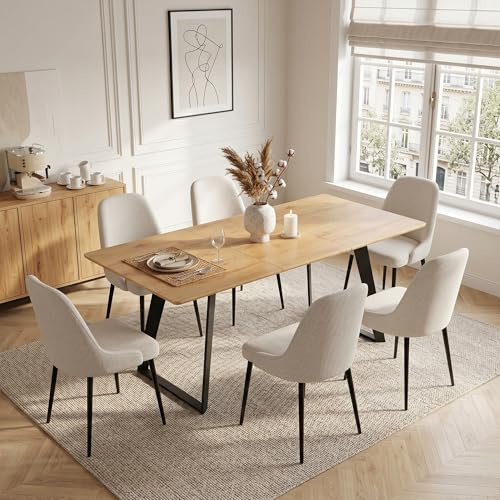 HIPIHOM Esstisch mit 4-6 Stühlen Set Ausziehbarer Esstisch 130–170 cm – Essgruppe MDF-Tischplatte & Metallgestell, Küchentisch/Esszimmertisch für 4–6 (1 Esstisch + 6 Beige Stühle)