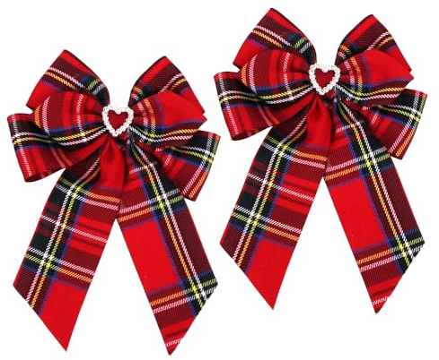 2pcs Red Tartan Bows for Women & Crafts - Large Scottish Check Ribbon with Rhinestone Heart - Traditional Plaid Hair Accessories, Christmas Tree Decoration, Wreath Embellishments & Gift Wrapping