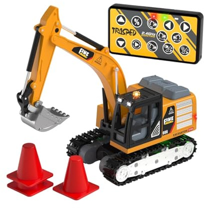 Hellery Mini Excavadora Teledirigida Vehículo de Construcción RC Coche de Juguete Modelo a Escala Brazo Articulado y Cazo Funcional Rotación de y Secuencia, Amarillo Tierra
