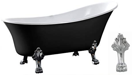 Freistehende Badewanne PARIS Acryl - 176 x 71 cm - Schwarz glänzend - Metallfüße & Standarmatur wählbar, Standarmatur:Ohne Standarmatur, Farbe der Füße:chrom