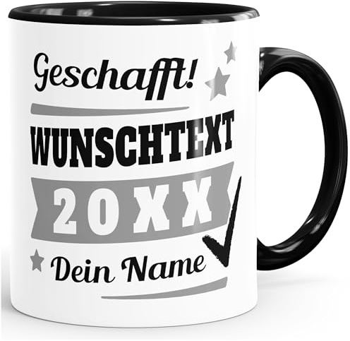 SpecialMe® Tasse mit Name personalisiert Geschafft! eigener Text Geschenk Abschluss-Prüfung Schwarz Keramik-Tasse