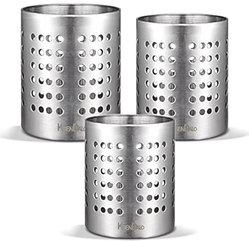 KSENDALO Metal Utensil Holder Set, Small SUS304 Steel Utensil Holder Flatware Silverware Spatulas Utensils Drying Rack for Kitchen Countertop, Kitchen Home Office Organizers ,Silver (3 Pack)