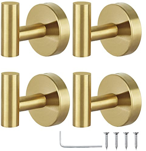 Homagic Towel Hooks Bathroom Coat Robe Hook Stainless Steel Heavy Duty Door Hanger Towel Robe Clothes Cabinet Wall for Bathroom Bedroom Kitchen Hotel Pool 4 Packs (Gold)