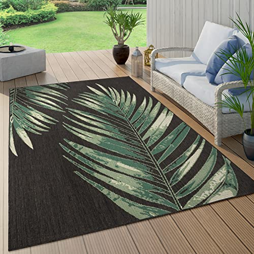 Paco Home Outdoor Teppich Wetterfest Flur Balkon Palmen Dschungel Florales Boho Muster Grün, Grösse:200 cm Quadrat, Farbe:Schwarz 4