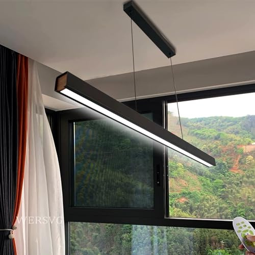 WERSVG Dimmbare LED Hängelampe Einfaches lineares Design Pendellampe Schwarz Büroleuchter Esstischlampe Höhenverstellbar Pendelleuchte für Wohnzimmer Inseltisch Esszimmer L120cm