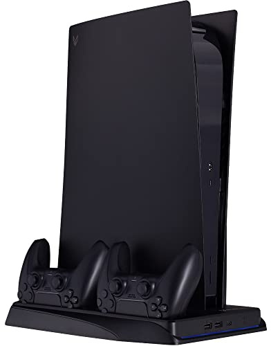 SteelDigi Stazione di ricarica multifunzione per controller Ps5 Azure Crow – Supporto per controller e ventola Ps5 – Docking station con uno scaffale per 12 giochi – Supporto Ps5 (nero)