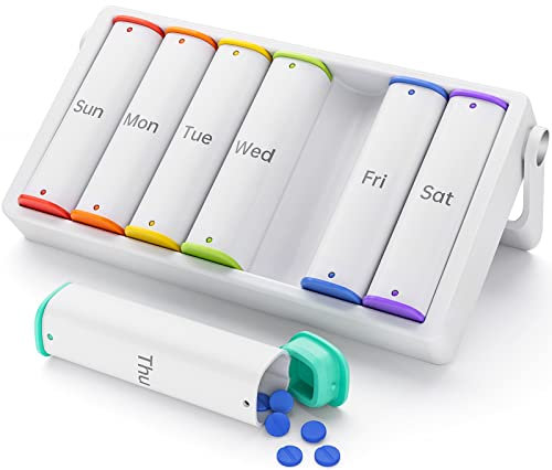 KOVIUU Weekly Pill Organizer, Large Travel Pill Box 7 Day, 2 fois a Day Pill Case with Rotatable Handle, Am Pm Daily Pill Holder Container for Vitamin, Medicine, Supplément, Fish Oil, White Pillbox