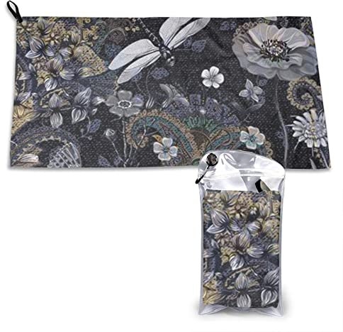 AROONS Schnell trocknendes Handtuch mit Tasche – Libellen, Grau, bedruckt, super saugfähig, Mikrofaser, Reise-Sport-Handtücher, 80 x 40 cm