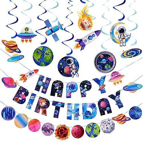 SUNBEAUTY Weltraum Deko Weltall Planet Spirale Geburtstag Happy Birthday Girlande 3D Papierdekoration Solarsystem mit Raumschiff rocket für weltraum Deko