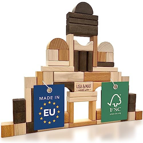 LISA & MAX Premium Holzbausteine (60 Teile) ab 1 Jahr - 100% natürlich, Made in EU, aus FSC®- zertifiziertem Holz - Holz Bausteine für Kinder ab 1 Jahr - Holzbausteine Natur - Bauklötze Holz Baby